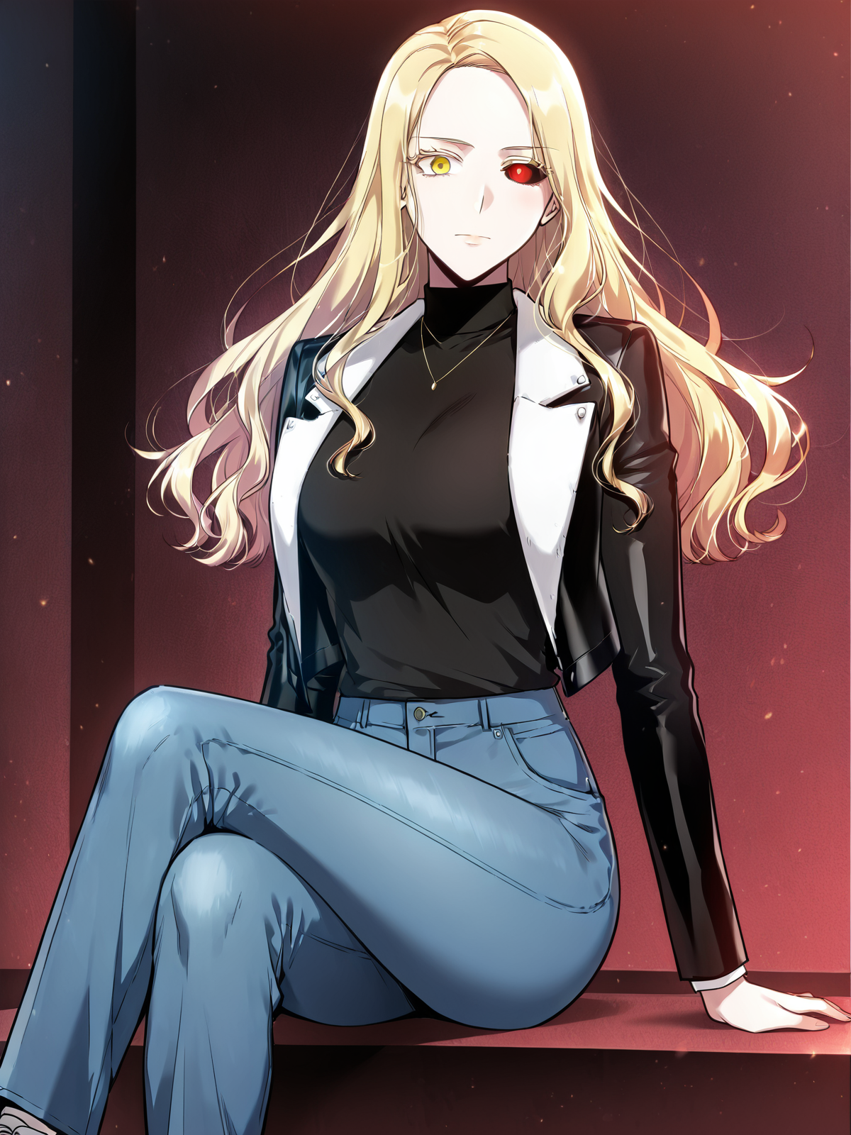<lora:Omniscient_Readers_Viewpoint__Anna_Croft (1):1>
1girl, solo, long hair, wavy hair, blonde hair, side part, heterochromia, yellow right eye, red left eye, black sclera (left eye),
black turtleneck, black jacket, fitted jacket, long sleeve, modern outfit, blue jeans, belt, sneakers, necklace, pendant,
(Anime_source),Masterpiece,(perfect female body:1.2), small waist,(incredibly detailed:1.4), looking at viewer, sitting, crossed legs,