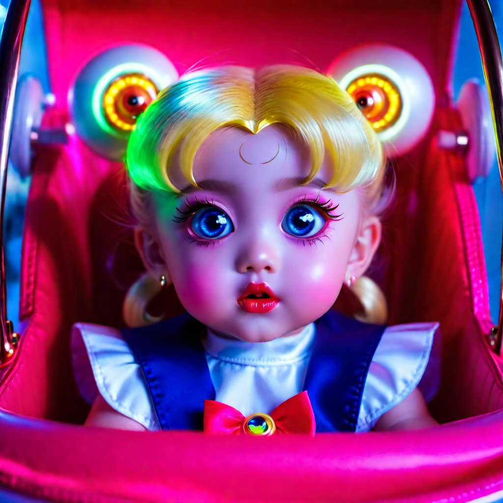 <lora:add-detail-xl:0.8> Baby sailor moon sitting in a moon pram in the style of sailor moon glowing eyes, multiple facial expressions, cinematic quality, cinematic lighting, 128k, 1080p, hyper realistic details, Canon EOS 1200p, neon, black light,DSLR, maxim, pastel colour palette,(mark ryden 1.3) <lora:bigeyes-xl-v1:0.8> big eyes, anime eyes