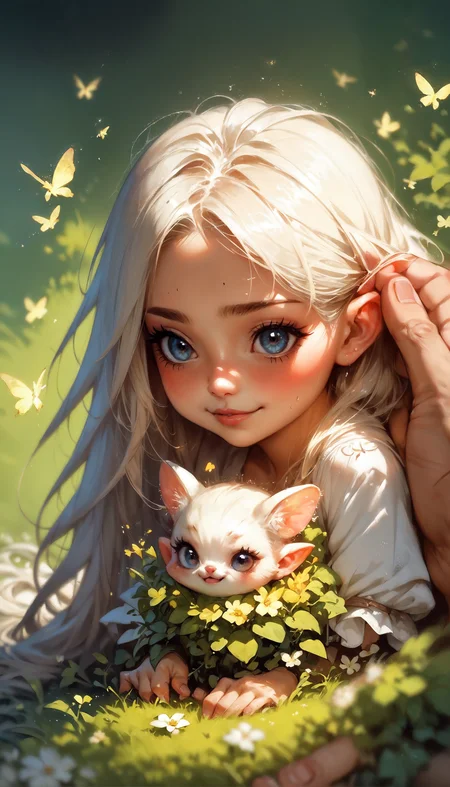 score_9, score_8_up, score_7_up,  source_anime, cute tiny fairy, very small girl, size difference, little girl, 1girl, cute, long hair, adult, kneeling on grass, Chibi Art Style, low light,      <lora:Expressive_H-000001:0.8>, expressiveH     <lora:Fant5yP0ny:0.9> <lora:Pony_DetailV1.0:0.9> <lora:Vikings_Cutie_Chibi_Style-000001>