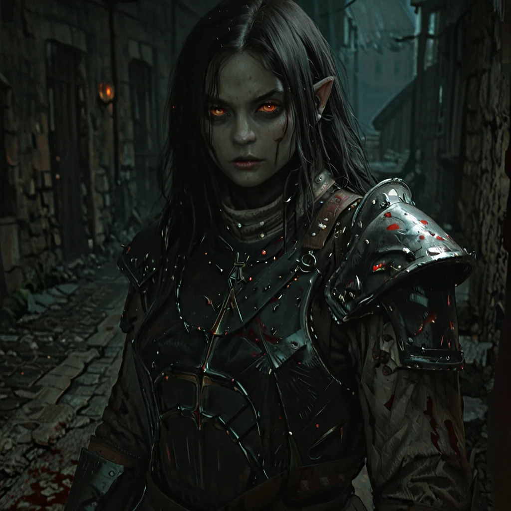 1girl, orc, solo, athletic build, sharp facial features, intimidating, blood, bloody, bloodlust, standing in a moonlit alley, night. She has long, flowing black hair and sharp, pointed ears. Her skin is a deep emerald green, and her intense orange eyes convey a smoldering rage. She wears intricate black metal armor adorned with curved spikes. The background is dimly lit, enhancing the dramatic and menacing atmosphere. Fantasy, medieval, masterpiece, best quality, gritty, goth, oil painting, painterly, very aesthetic, detailed shading