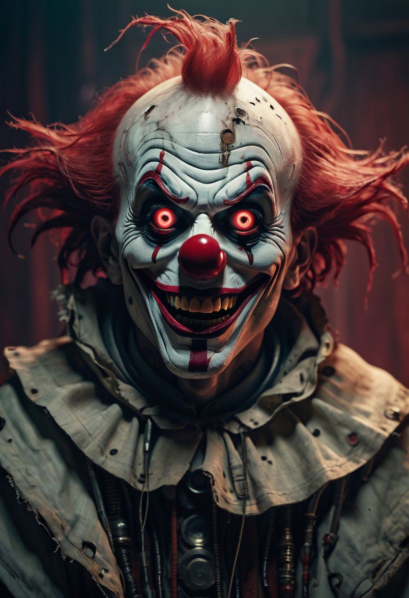 a vintage photo depicting a mechanical hybrid seer cyborg giant costumed AS Horror Freak Clown emerging from a tattered linen cloak, adorned with numerous eyes, infront a dystopian, neon dark backdrop, distorted shapes,
 very detailed, atmospheric haze, Film grain, cinematic film still, shallow depth of field, highly detailed, high budget, cinemascope, moody, epic, OverallDetail, gorgeous, 2000s vintage RAW photo, photorealistic, candid camera, color graded cinematic, eye catchlights, atmospheric lighting, skin pores, imperfections, natural, shallow dofintricate, elegant, fantasy art, portrait, dark, retro, ecstatic, plain, powerful, realistic, profoundly red dark color