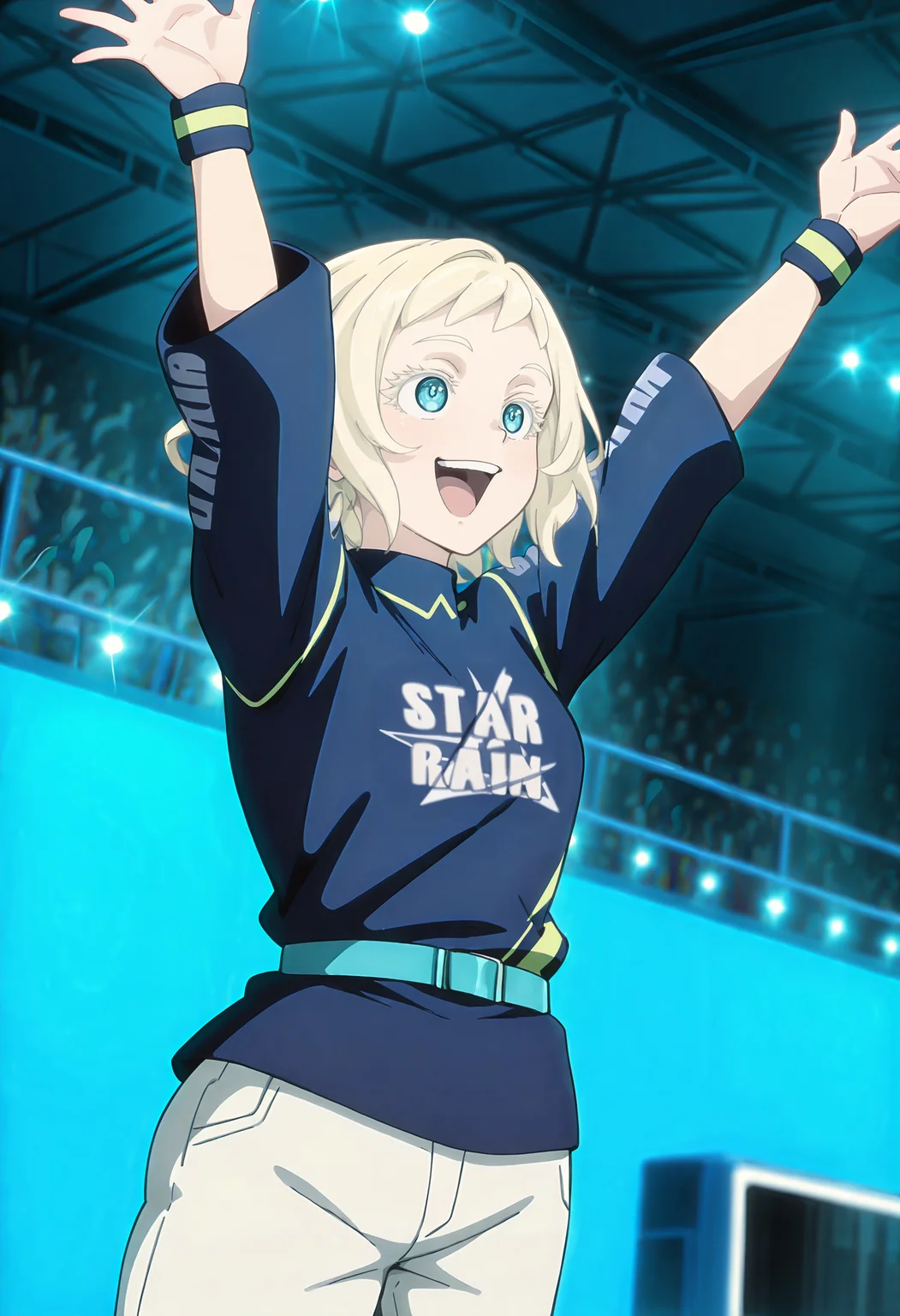 best quality, amazing quality, perfect quality, high quality, masterpiece, absolutely eye-catching BREAK
<lora:Shangri-La_Frontier_-_Sylvia_Goldberg:1> blue eyes, blonde hair, short hair, short bangs BREAK
blue print shirt, three-quarter sleeves, blue striped wristbands, aqua belt, white pants BREAK
indoors, stadium, arms up, waving, smile, open mouth, smile, dutch angle, cowboy shot