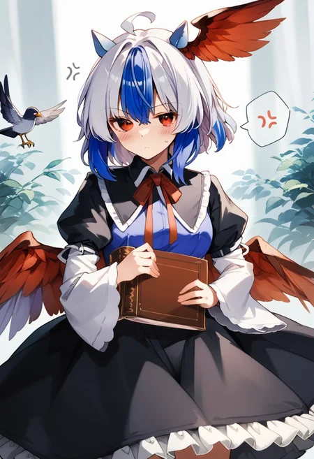 score_9, score_8_up, score_7_up, source_anime, TOKIKO (TOUHOU), TOKIKO REGULAR WEAR, 1girl, solo, looking at viewer, blush, short hair, bangs, skirt, simple background, red eyes, long sleeves, white background, dress, ribbon, holding, hair between eyes, closed mouth, blue hair, standing, purple hair, ahoge, white hair, multicolored hair, cowboy shot, frills, wings, horns, puffy sleeves, wide sleeves, black skirt, black dress, two-tone hair, red ribbon, book, neck ribbon, capelet, head wings, anger vein, feathered wings, cropped legs, holding book, petticoat, bird wings, red wings, spoken anger vein, tokiko \(touhou\)