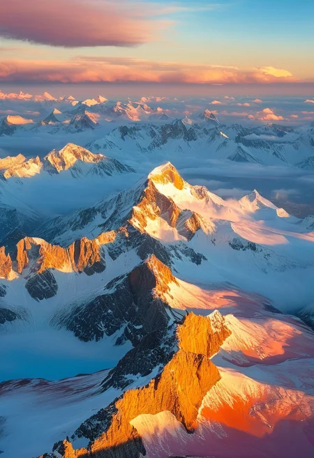 A breathtaking aerial view of a majestic snow-covered mountain range during sunset. The towering peaks are sharp and rugged, covered with thick snow and ice, reflecting the warm, golden sunlight from the horizon. Soft, fluffy clouds blanket the lower parts of the mountains, creating a sea of clouds below. The sky is painted in hues of orange, pink, and light blue, blending harmoniously to emphasize the serenity and grandeur of the landscape. The overall atmosphere is calm and awe-inspiring, capturing the magnificence of nature from a high perspective.
