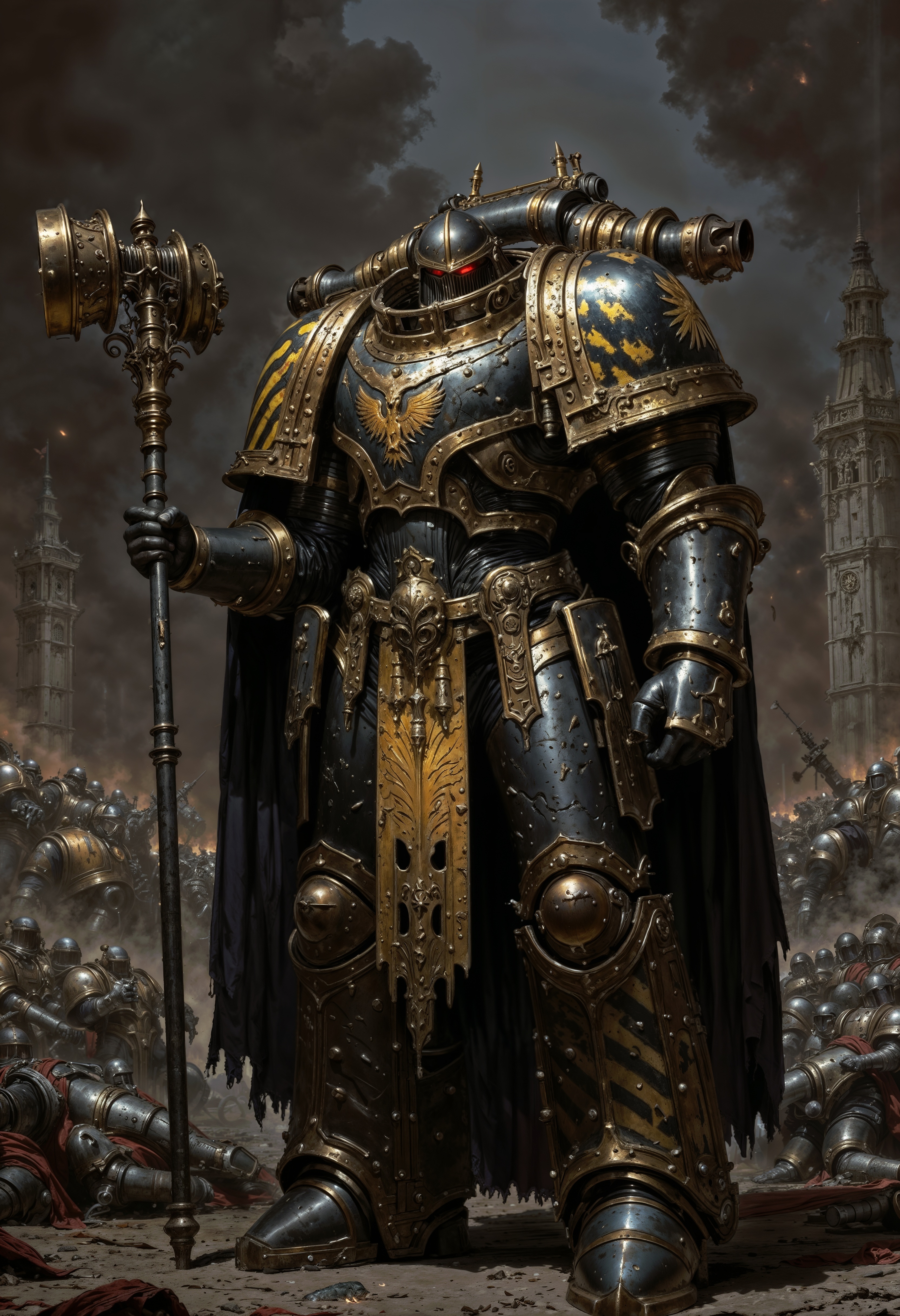 IronW40k. a heavily armored warrior in a futuristic setting. The subject is clad in a massive, intricate suit of power armor, predominantly black with striking yellow accents and detailed insignias. The armor features a helmet with a red visor, giving the figure an imposing and mysterious appearance. The suit is adorned with various symbols and embellishments, including a prominent eagle emblem on the chest. The warrior holds a large, ornate hammer, suggesting strength and authority. The background is a battle scene, with fallen figures and a smoky, chaotic atmosphere, enhancing the dramatic and intense mood of the composition.