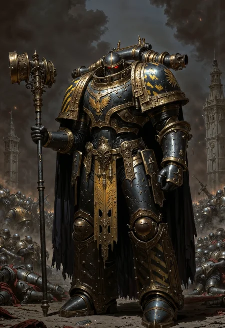 IronW40k. a heavily armored warrior in a futuristic setting. The subject is clad in a massive, intricate suit of power armor, predominantly black with striking yellow accents and detailed insignias. The armor features a helmet with a red visor, giving the figure an imposing and mysterious appearance. The suit is adorned with various symbols and embellishments, including a prominent eagle emblem on the chest. The warrior holds a large, ornate hammer, suggesting strength and authority. The background is a battle scene, with fallen figures and a smoky, chaotic atmosphere, enhancing the dramatic and intense mood of the composition.