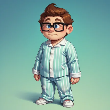 score_9, score_8_up, score_7_up, <lora:df-000008:0.9> ucarlyoun, 1boy, solo, glasses, (young), chubby, standing, vertical-striped pajamas, shirt, pants, standing, full body,