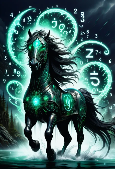 hyper detailed masterpiece, dynamic, awesome quality,swirling DonMM4hM4g1cXL math magic,numbers, symbols,draugr, shape shifting water spirit, horse in humanoid shape, mane, coat, drips water, lures victims, dark sleek coat, eyes supernatural alluring quality, webbed hooves, uncluttered,noxious,babbling, <lora:DonMM4hM4g1cXL-000008:0.8>