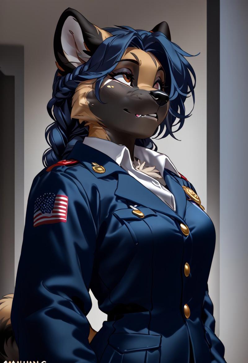 score_9, score_8_up, score_7_up, (by kittydee:1.5), (by jailbird:1.5), (by zummeng:1.5), masterpiece, best quality,  
(Furry Art: Anthro: American Akita:1.5), 1girl, expressive eyes, feminine eyes, perfect face, feminine face, dog, canine, curled tail, multicolored fur, black face fur, pointy dog ears, navy blue hair, braided twintail hair, medium breasts, hunting uniform,