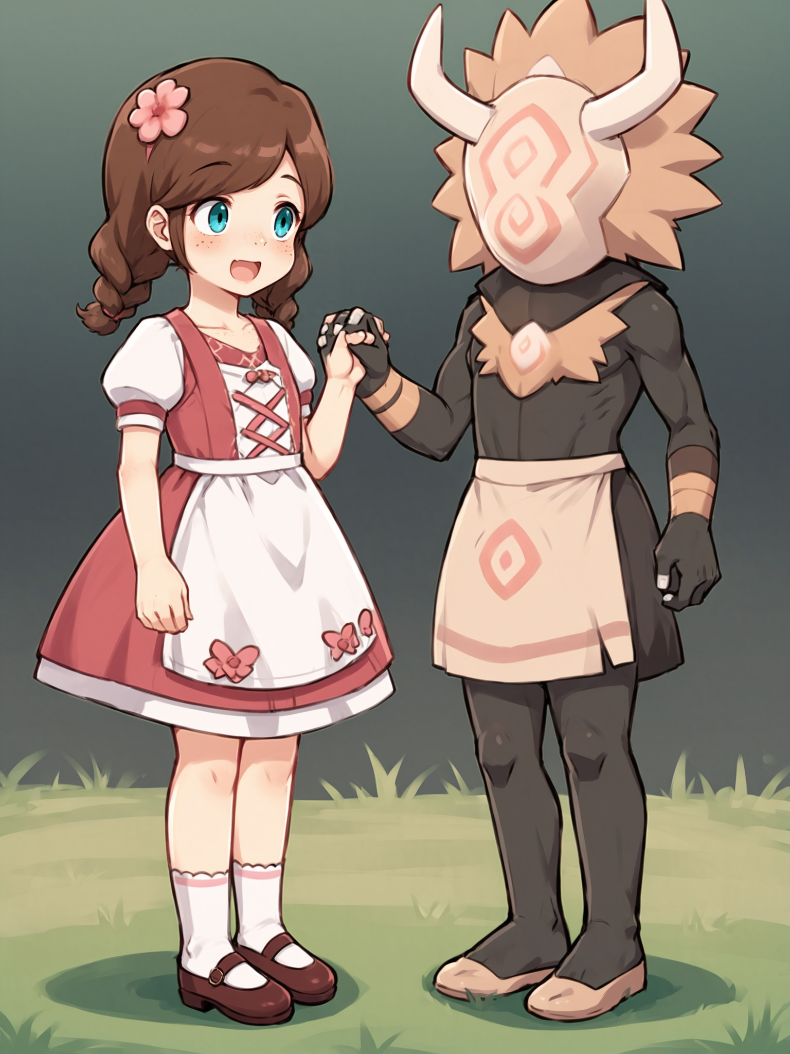 score_9, score_8_up, score_7_up, score_6_up, score_5_up, source_anime BREAK
<lora:Genshin_NPC_EllaMusk_Pony_v1:0.75>, 1girl, 1boy, full body, grassy field, running, (hilichurl:1.8), holding hands, teal eyes, brown hair, swept bangs, twin braids, (hair flower, hair ornament:1), collarbone, pink dress, flower pattern, short sleeves, white sleeves, (white apron:1.1), puffy sleeves, white socks, bobby socks, brown footwear, (mary janes:1.5), (freckles on cheeks and nose:1.3), (tareme:1.5), smiling, happy, open mouth, looking at each other, eye contact, from side,
