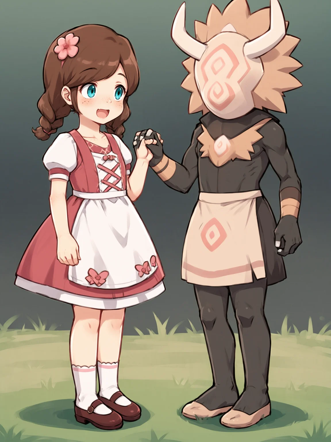 score_9, score_8_up, score_7_up, score_6_up, score_5_up, source_anime BREAK
<lora:Genshin_NPC_EllaMusk_Pony_v1:0.75>, 1girl, 1boy, full body, grassy field, running, (hilichurl:1.8), holding hands, teal eyes, brown hair, swept bangs, twin braids, (hair flower, hair ornament:1), collarbone, pink dress, flower pattern, short sleeves, white sleeves, (white apron:1.1), puffy sleeves, white socks, bobby socks, brown footwear, (mary janes:1.5), (freckles on cheeks and nose:1.3), (tareme:1.5), smiling, happy, open mouth, looking at each other, eye contact, from side,