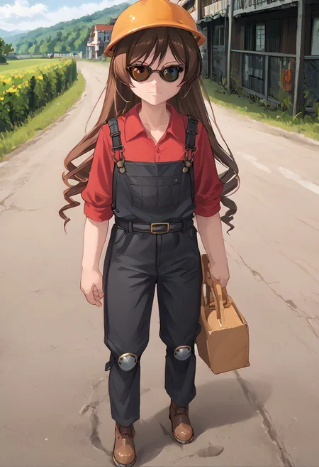 score_9, score_8_up, score_7_up, score_6_up, high resolution, gorgeous, absurdres, best quality, anime screencap, source_anime, Expressiveh, 1girl, outdoors, daytime, shiki 1_style, suiseiseki, def, hardhat, sunglasses, single glove, redengie, red shirt, overalls, solo, brown hair, twin drills, heterochromia