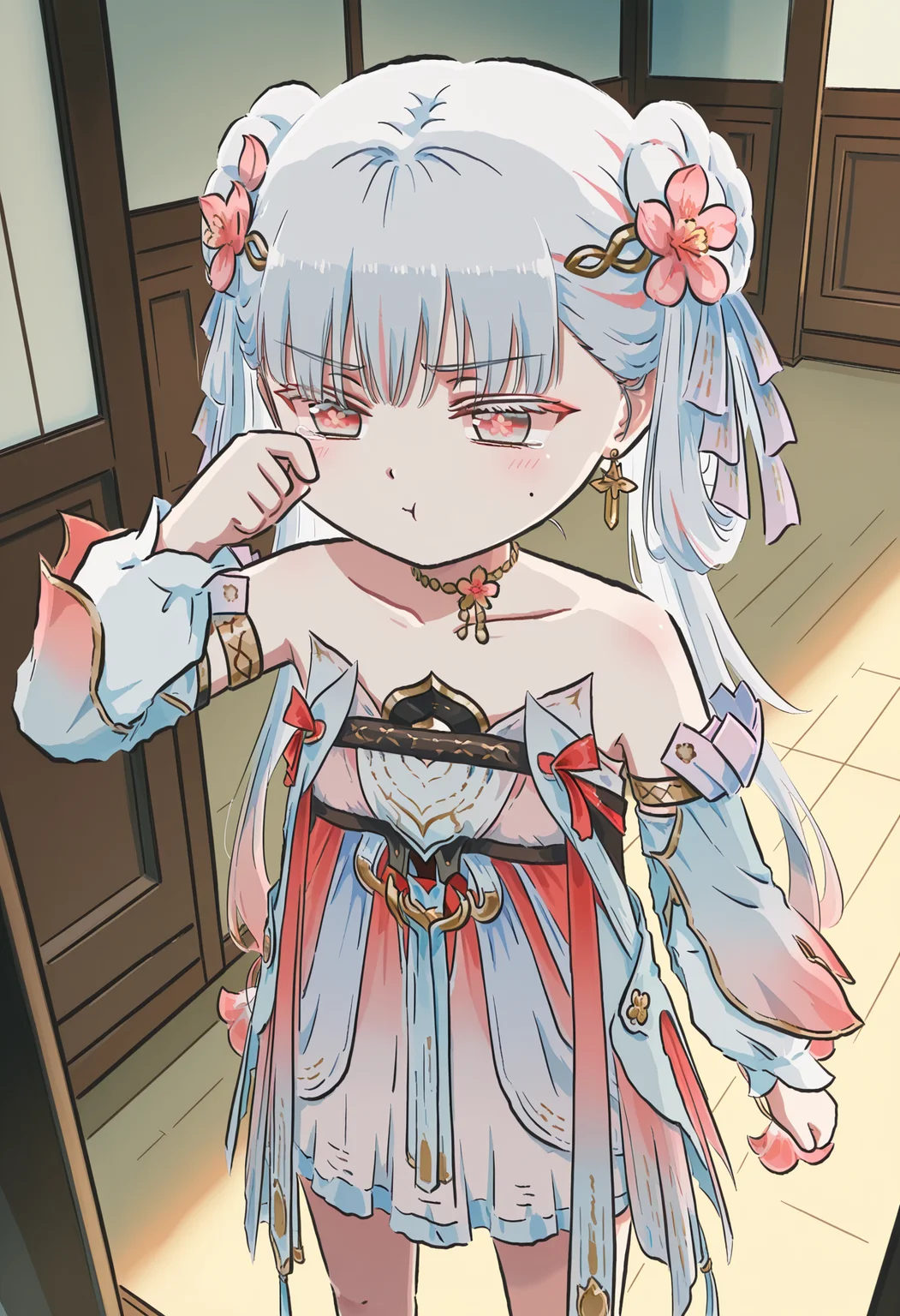 masterpiece,best quality,high resolution,source_anime,highly detailed illustration,
seductive, detailed eyes, very aesthetic,absurdres,newest, amazing quality,
detailed eyes, absurdres,newest, amazing quality,
<lora:shiXinzoroV1ill:1.0>, shixinzoruo, chibi,
1girl, solo, <lora:xl-ill-jinhsi_TYZZ(wuthering waves)v1:1>, 1girl, jinhsi:TaoYaoZhuoZhuo\(wuthering waves\),red eyes,peach blossom pupils,mole,mole under eye,flower,peach blossom,hair bun,double bun,hair ornament,hair flower,hair ribbon,ribbon,jewelry,grey hair,long hair,earrings,wiping tears, collarbone,bare shoulders,armlet,dress,detached sleeves, ,legs apart, blush, , pout, indoors,
