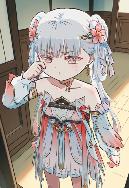 masterpiece,best quality,high resolution,source_anime,highly detailed illustration,
seductive, detailed eyes, very aesthetic,absurdres,newest, amazing quality,
detailed eyes, absurdres,newest, amazing quality,
<lora:shiXinzoroV1ill:1.0>, shixinzoruo, chibi,
1girl, solo, <lora:xl-ill-jinhsi_TYZZ(wuthering waves)v1:1>, 1girl, jinhsi:TaoYaoZhuoZhuo\(wuthering waves\),red eyes,peach blossom pupils,mole,mole under eye,flower,peach blossom,hair bun,double bun,hair ornament,hair flower,hair ribbon,ribbon,jewelry,grey hair,long hair,earrings,wiping tears, collarbone,bare shoulders,armlet,dress,detached sleeves, ,legs apart, blush, , pout, indoors,