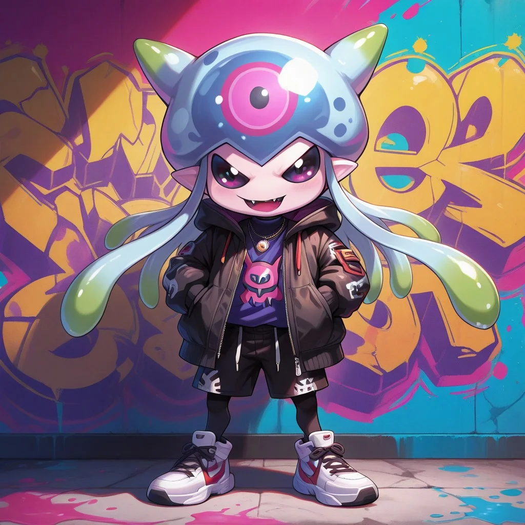 masterpiece, best quality, amazing quality, very aesthetic, absurdres, solo, looking at viewer, long sleeves, jacket, full body, open clothes, shoes, shorts, hood, necklace, open jacket, black jacket, no humans, hoodie, black shorts, white footwear, sneakers, hooded jacket, graffiti, hands in pockets, Graffiti, character print, colored sclera, zipper. jellymon, chib, standing,