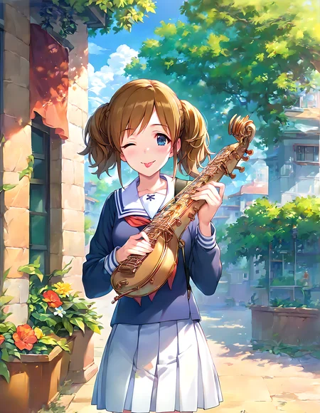 <lora:pony_xl_akari:0.9>,akari,score_9,score_8_up,score_7_up,source_anime,best quality,masterpiece,super fine illustration,1girl,solo,brown hair,school uniform,serafuku,long sleeves,shirt,neckerchief,pleated skirt,white skirt,holding,standing,cowboy shot,outdoors,building,day,playing instrument,smile,one eye closed,blush,tongue,;p,tongue out,saks,instrument,holding instrument,