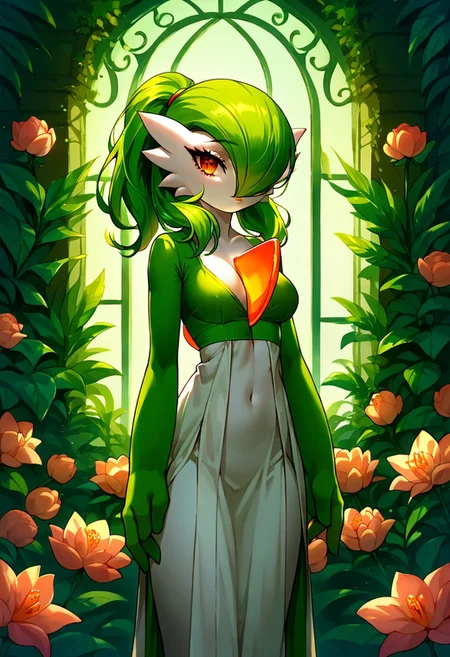<lora:gr33nXLP:1>, score_9, score_8_up, score_7_up, score_6_up, gr33n, (((gardevoir))), female, anthro, porcelain white skin,plant, flower, 1girl, solo, Gardevoir, beautiful, 35 year old, muscular,  green hair, ponytail, curtain bangs, peach engineer jacket