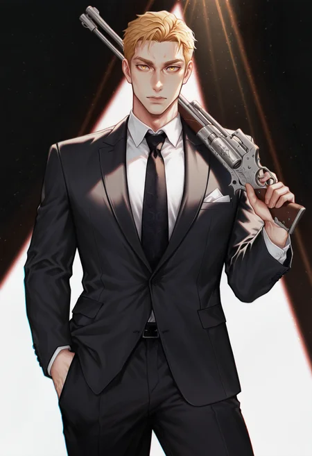 <lora:MythweaverILXL-000010:1> mythw3av3r,
1boy, male focus, solo, hand in pocket, weapon, gun, suit, formal, looking at viewer, holding, necktie, holding weapon, pants, over shoulder, white background, collared shirt, shirt, masterpiece, best quality, amazing quality, intricate detail, highly detailed, absurdres, very aesthetic, dynamic lighting, detailed background, scenery, (volumetric lighting)