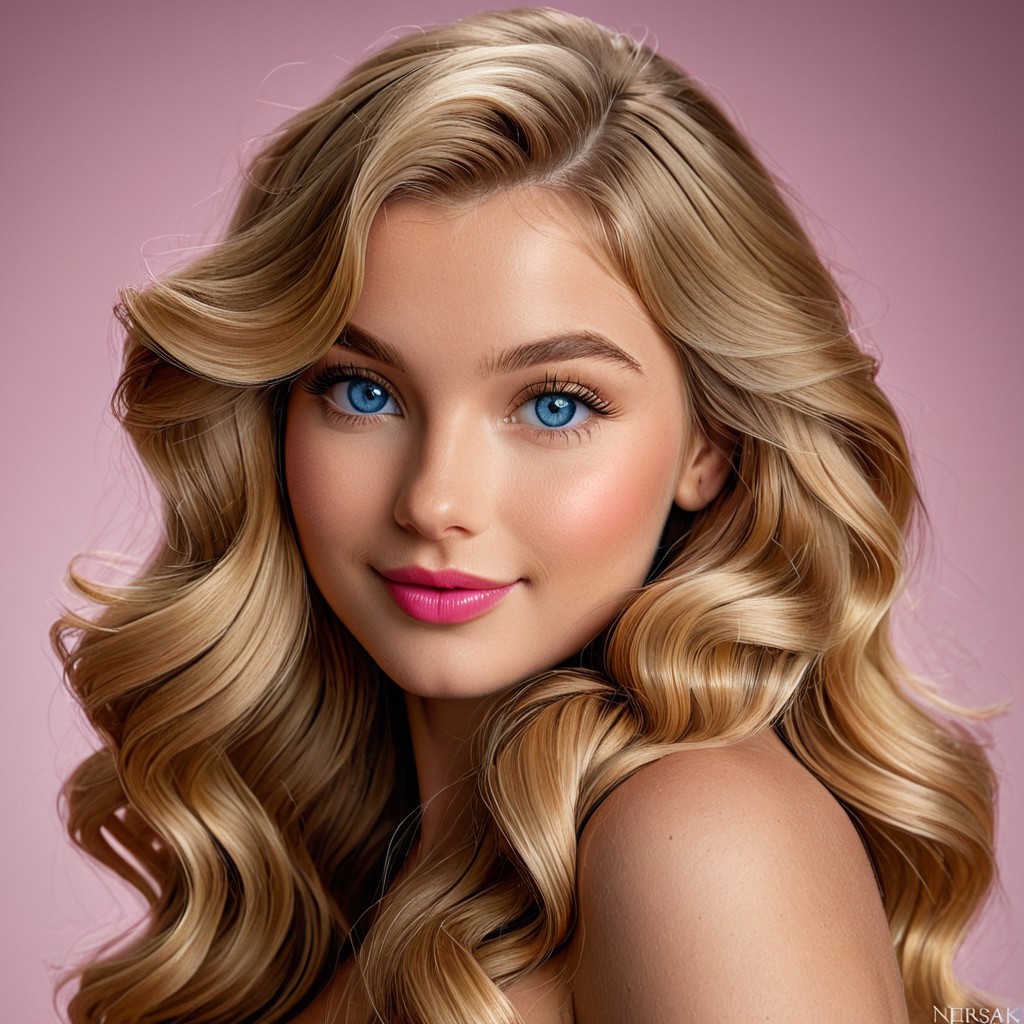 (masterpiece), (ultra-realistic), (8k), studio headshot, a 21-year-old French-American woman with fair glowing skin, long soft caramel blonde waves styled over one shoulder, soft large blue eyes, full pouty pink lips curved into a flirty side smirk, subtle blush and shimmer, clean seamless backdrop, professional studio lighting with soft shadows, high-end glamour portrait
Perfect teeth, long wavy golden blonde hair, expressive eyes, nerissa_the_uncloaked