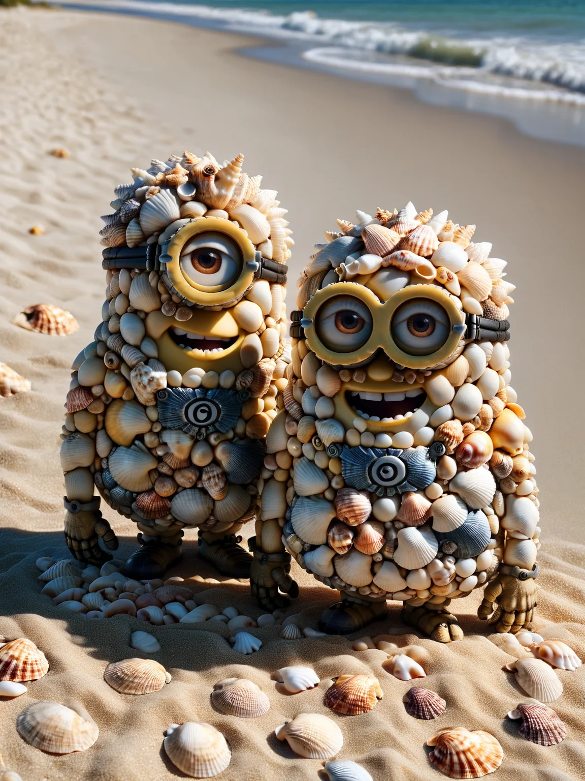 three minion \(despicable me\) made from mad-seashells at the beach,    <lora:Sea_Shells_SDXL:1.0>, masterpiece, best quality, ultra high res, (photorealistic, realistic:1.2), deep shadow, raw photo, film grain, Fujifilm XT3, 8k uhd, dslr