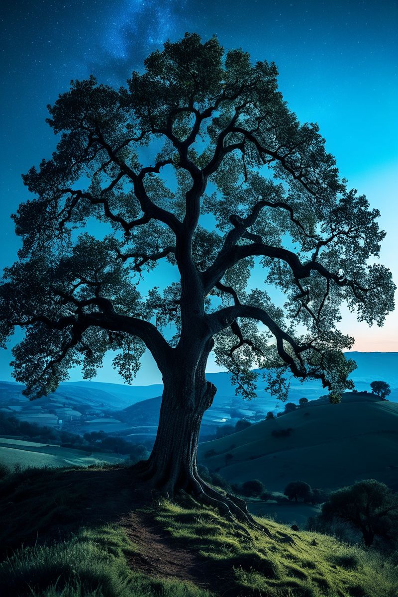 (((a peaceful hilltop with a single, ancient oak tree overlooking the valley below.))), Electric Blues, Nightlife Energy: dynamic lighting, blue tones, sharp focus, energetic ambiance, nightlife elements, bold textures, vibrant look, lively atmosphere, electric aesthetics, capturing excitement, dynamic scenes, artistic feel, storytelling through colors, professional technique, striking visuals, nightlife concept, bold styling, lively environment, surreal aesthetics, captivating narratives, intricate details, nightlife landscape, editorial storytelling, vibrant glows, evoking energy, pushing creative vision <lora:add-detail-xl:2> <lora:Cosine_freck:1>