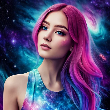 photorealistic, medium view, young woman, galaxyma <lora:GalaxyMakeup:0.6>, intricate accurate details, space background, nebulae , 8K, highest quality