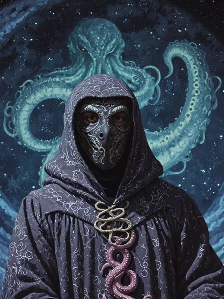 1970's dungeons and dragons dark fantasy artstyle, a hooded figure, grey patterned robes, hooded,shadowy mask, tentacles, merchant, starry sky , grain, cinematic, realistic, photo <lora:dark_fantasy:1>