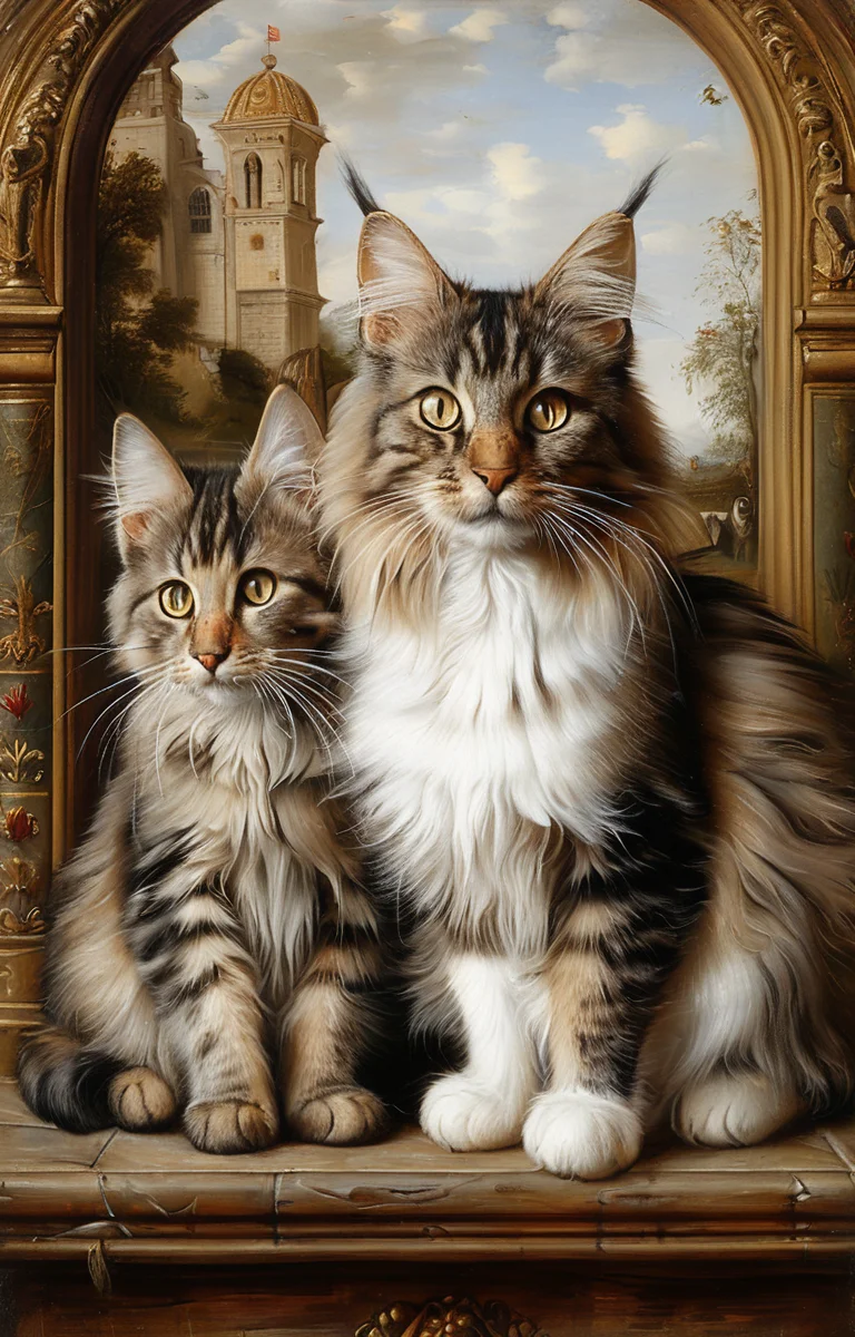 masterpiece,best quality,<lora:tbh185-sdxl:0.8>,illustration,style of ambrosius benson, cute Mainecoon cat and Abyssinian cat