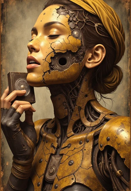 A waist-up post-apocalyptic portrait of a woman whose form is an intricate patchwork of cybernetic remnants and salvaged holy relics from a long-dead civilization. Her face, half-covered by a shattered golden mask, conceals the mismatched plating beneath, where rusted bolts and scavenged circuits hold her jaw together. Her throat, adorned with a repurposed sensor array, pulses faintly with a dying power source, illuminating her worn leather-and-metal armor. Her left arm, made from a mix of old exosuit components and hand-wrapped cloth, barely functions, its servos exposed and rattling with every movement. Her clothing is a mosaic of salvaged silks, worn combat armor, and woven wire, a personal shrine to the lost world she scavenges from. In her hands, she holds a broken hard drive, ancient data still flickering on its surface—perhaps the last remnants of forgotten knowledge.