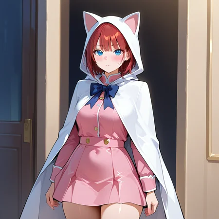 masterpiece, best quality, amazing quality, newest, <lora:Devout_cos_Illustrious:1>.Devout_cos,cat hood,pink dress,white cape,bow,skirt