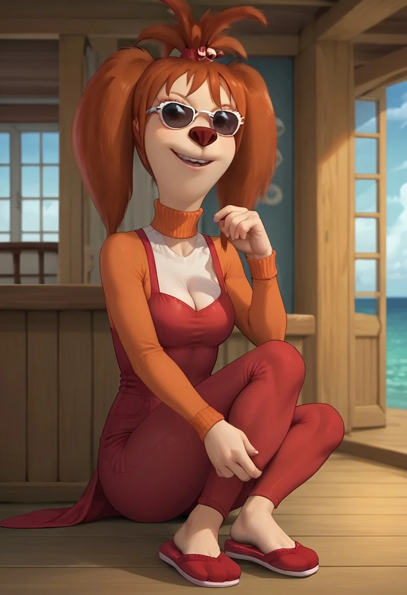 score_9, score_8_up, score_7_up, score_6_up, 1girl, solo, Liza_Barboskina, dog anthro, female, small boobs, tight one piece suit, translucent suit, pants, dog feet, no boots, cleavage, full body view, looking at viewer, seductive look, short tall girl, kind smile, (ship in sea background:1,4), sexy pose, neck, sitting on deck, sun rays, sunglasses, 3/4 side view, close view, crossed legs