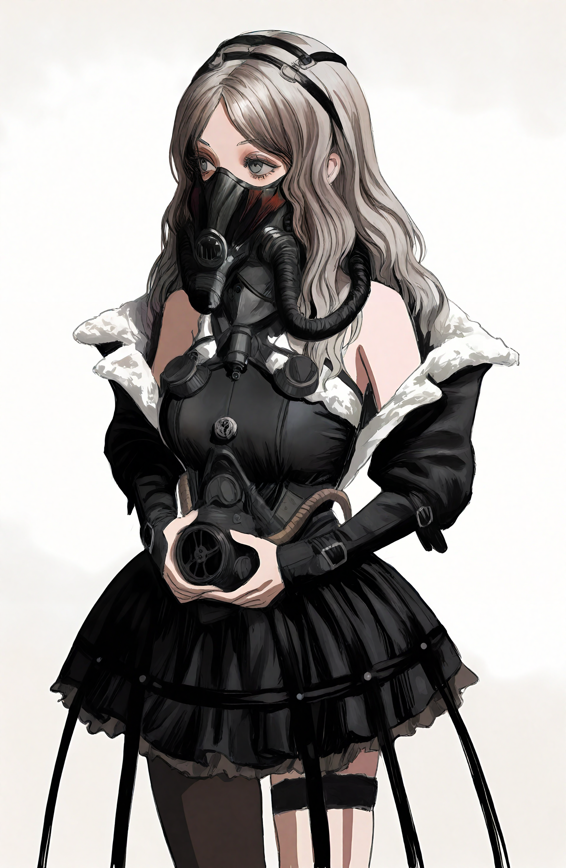 1girl, solo, long_hair, simple_background, skirt, detached_sleeves, mask, gas_mask