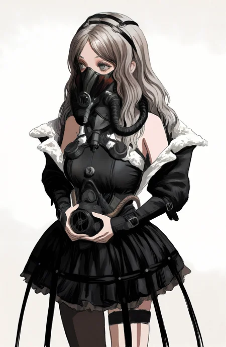 1girl, solo, long_hair, simple_background, skirt, detached_sleeves, mask, gas_mask