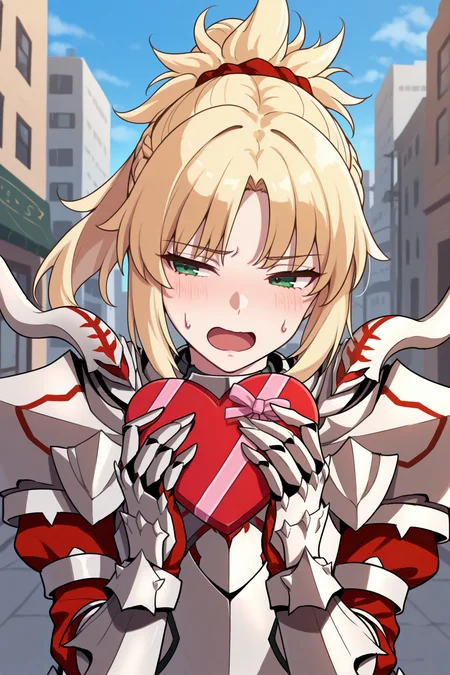 masterpiece, best quality, 1girl, solo <lora:mordred-illu-nvwls-v1-000006:1> amrMd, blonde hair, green eyes, ponytail, armor, full armor, shoulder armor, gauntlets, armored boots, holding heart-shaped box, nervous, half-closed eyes, avoiding eye contact, flushed, open mouth, sweatdrop, blue sky, city street, pov, upper body