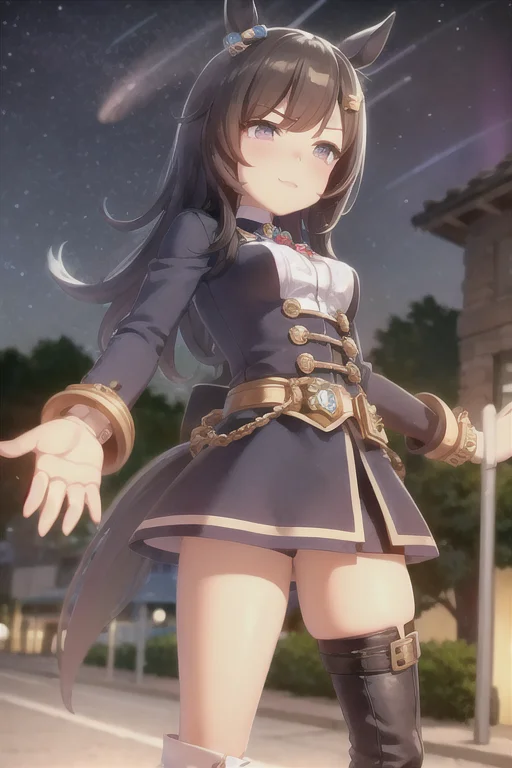 masterpiece,best quality,<lora:UmaMusumePrettyDerby_umms:1>umms,(horse ears, horse girl,:1.2) (horse tail,:1.3) ,full body
road, soft light,detailed lighting,cinematic light,neon lights,street lamp,shop,colorful startrails,
detailed face,1girl,solo,hair bangs,hair clip,happy face,{{super detailed skin}},
{{wear armor}}, thigh boots,combat boots,detailed boot,gems, jewellery,badges,shackles,lots of gems, lots of badges,