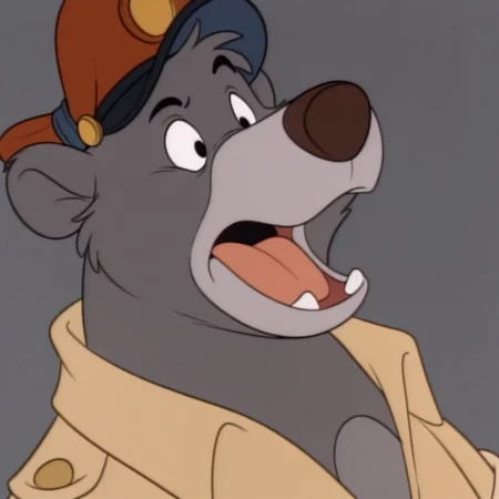 masterpiece, best quality, amazing quality, baloots, male, furry male, anthro, solo, sloth bear, grey fur, two tone fur, grey muzzle, brown nose, black eyes, claws, brown shirt, red pilot cap, raised eyebrow, open mouth, close up, portrait, grey background