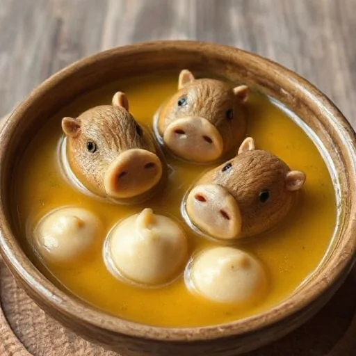 A whimsical bowl of capybara-shaped soup, with the capybaras’ heads peeking curiously above the surface. The soup is golden and aromatic, with small, perfectly round dumplings shaped like capybaras, only their heads visible, eyes bright and playful. The bowl is rustic, with hints of fresh herbs and spices, creating a comforting and light dish full of charm and warmth. Ensure the depiction is natural and pays close attention to accurate textures and lighting throughout the scene), intricate hand-painted details, ultra-realistic textures, award-winning craftsmanship || studio rim lighting, vivid yet tense colors, UHD resolution, rich details, award winning, impactant image, dramatic pose