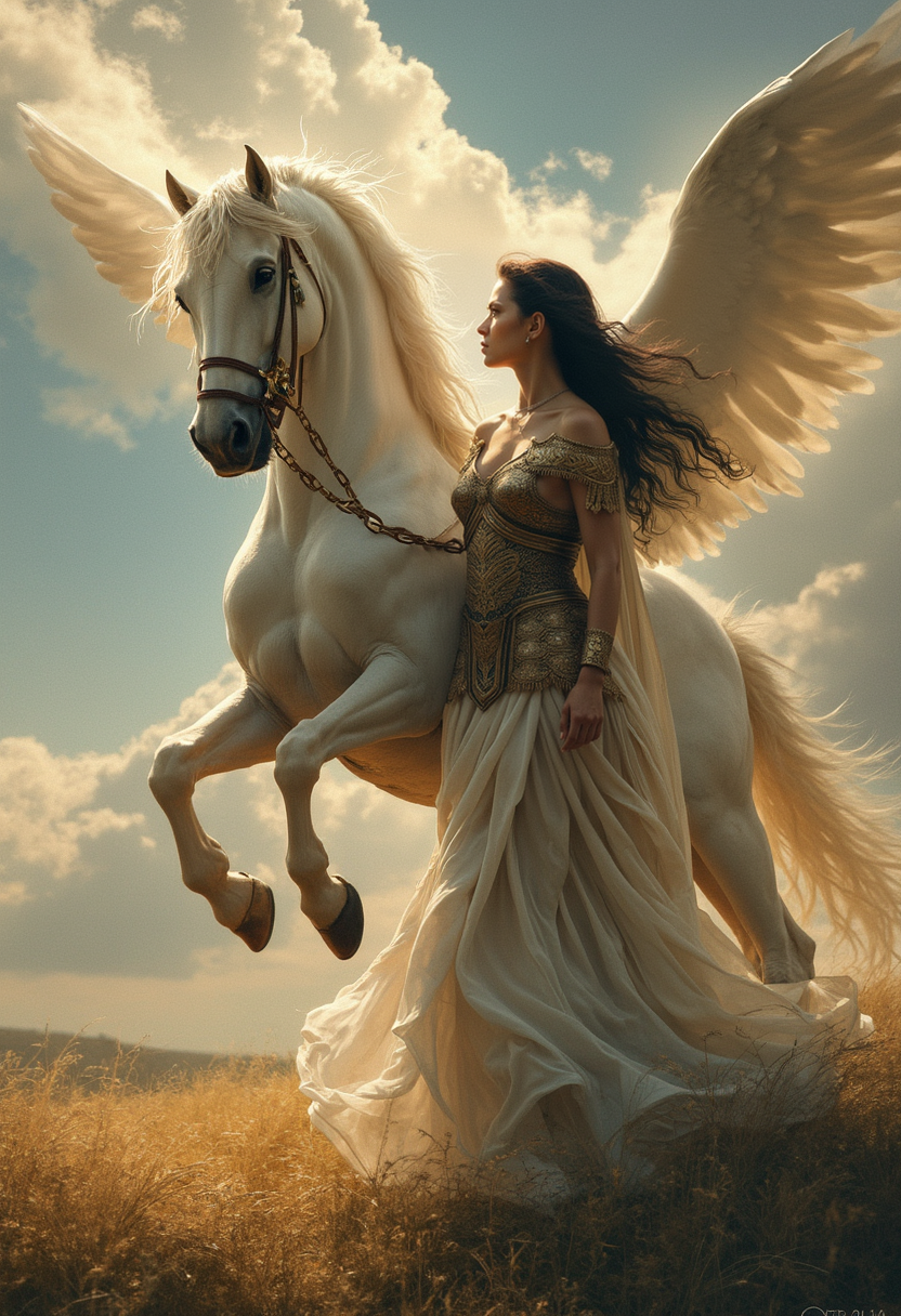 Renaissance style ethereal fantasy concept art of  A fantasy scene in the style of "Boris Vallejo " depicting Minerva the ancient Roman goddess of wisdom and warfare,  powerful yet serene expression, gracefully taming a majestic white Pegasus rearing up beside her. She stands confidently, wearing intricate Roman armor over a flowing white stola dress, her dark hair caught in the wind, The Pegasus with its muscular build and wide-spread wings radiates strength and elegance under a dramatic sky. The setting is an open meadow bathed in golden light, capturing a moment of harmony between goddess and creature, with photorealistic details, rich textures, and a cinematic atmosphere.
<lora:ImageUpgraderV2:0.4> detailmaximizer <lora:FluxMythP0rtr4itStyle:0.3> mythp0rt . magnificent, celestial, ethereal, painterly, epic, majestic, magical, fantasy art, cover art, dreamy . realistic, perspective, light and shadow, religious or mythological themes, highly detailed
