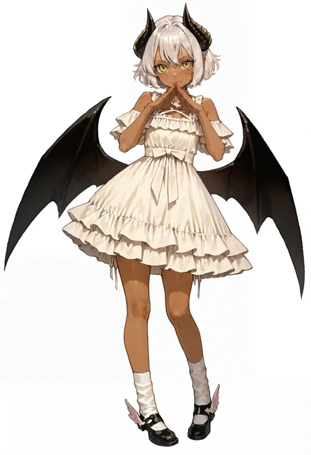 masterpiece, highres, absurdres, newest, very awa, simple background, perfect hands, detailed hands, solo, wings, dress, 1girl, dark-skinned female, yellow eyes, horns, socks, black footwear, white socks, white hair, demon wings, full body, frills, looking at viewer, winged footwear, <lora:sakauchi_waka>, <lora:spo_sdxl_10ep_4k-data_lora_webui>, <lora:ponyv5_noobV065S_1_adamW-000013:0.7>