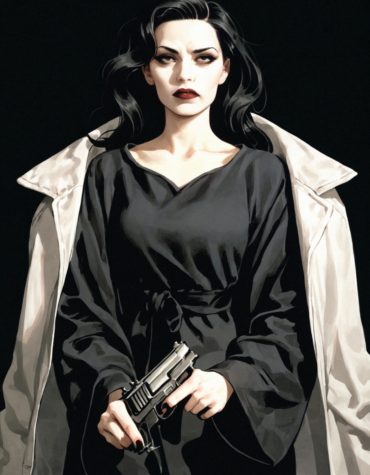 score_9, score_8_up, score_7_up,cms style,1girl,black hair,long hair,black dress,front view,holding gun,black background