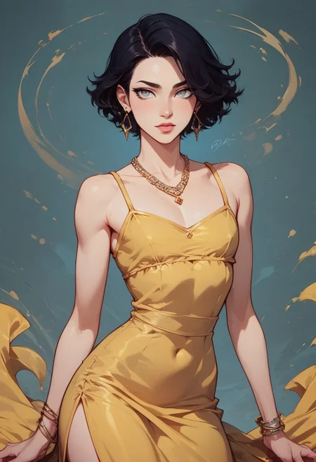 score_9, score_8_up, score_7_up, 1boy, femboy, otoko no ko, short hair, bob cut hair, black hair, grey eyes, gray eyes, feminine face, toned body, Shelly, camisole dress, loose dress, silk dress, yellow dress, earrings, necklace, bracelet, elegant, flowing, highly detailed, intricate, zzCitronCAT, flirty expression, confident sexy pose, cowboy shot, looking at viewer, modelshoot, abstract background, solo