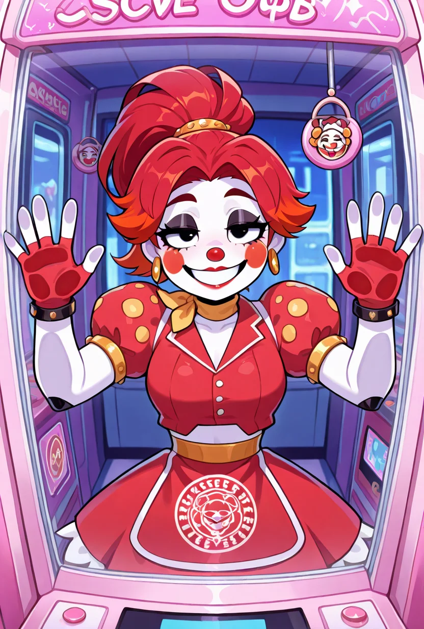 <lora:ilglambab-10:1> glambab, white skin, 1girl, red hair, ponytail, wide smile, earrings, short puffy sleeves, red fingerless gloves, red dress, red lips, midriff, red nose,  ((dynamic pose)),  inside crane machine, inside crane game, crane game, half closed eyes, black eye lids, arcade game, against glass, pressing against glass, plushies background,, score_9, score_8_up, score_7_up, masterpiece, best quality, masterpiece, best quality, amazing quality, very aesthetic, absurdres, newest,