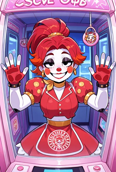 <lora:ilglambab-10:1> glambab, white skin, 1girl, red hair, ponytail, wide smile, earrings, short puffy sleeves, red fingerless gloves, red dress, red lips, midriff, red nose, ((dynamic pose)), inside crane machine, inside crane game, crane game, half closed eyes, black eye lids, arcade game, against glass, pressing against glass, plushies background,, score_9, score_8_up, score_7_up, masterpiece, best quality, masterpiece, best quality, amazing quality, very aesthetic, absurdres, newest,