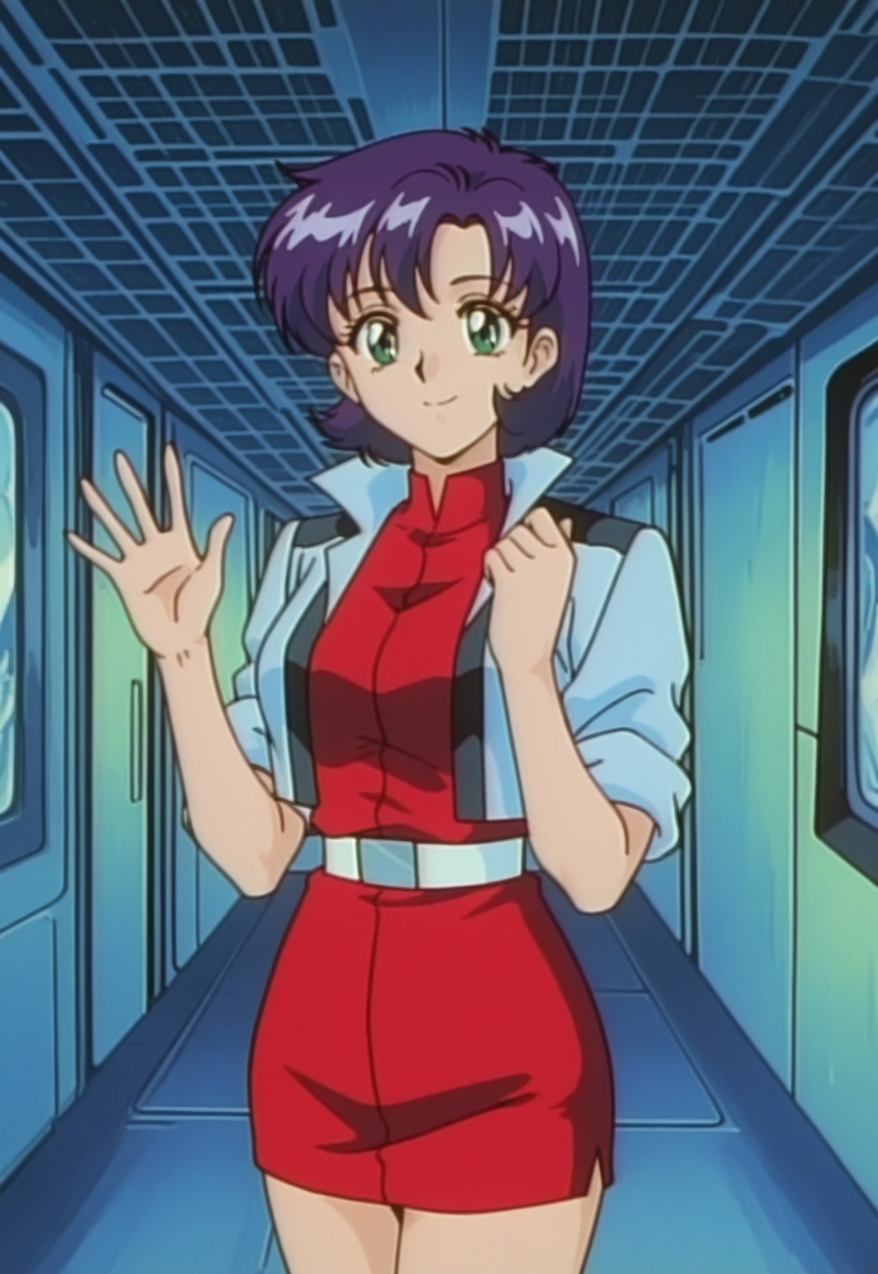 masterpiece, best quality, retro anime, cowboy shot, smile, 1girl, injuuhikari, short hair, purple hair, medium breasts, cropped jacket, sleeves rolled up, shirt, skirt, belt, hand up, waving, spaceship, interior,