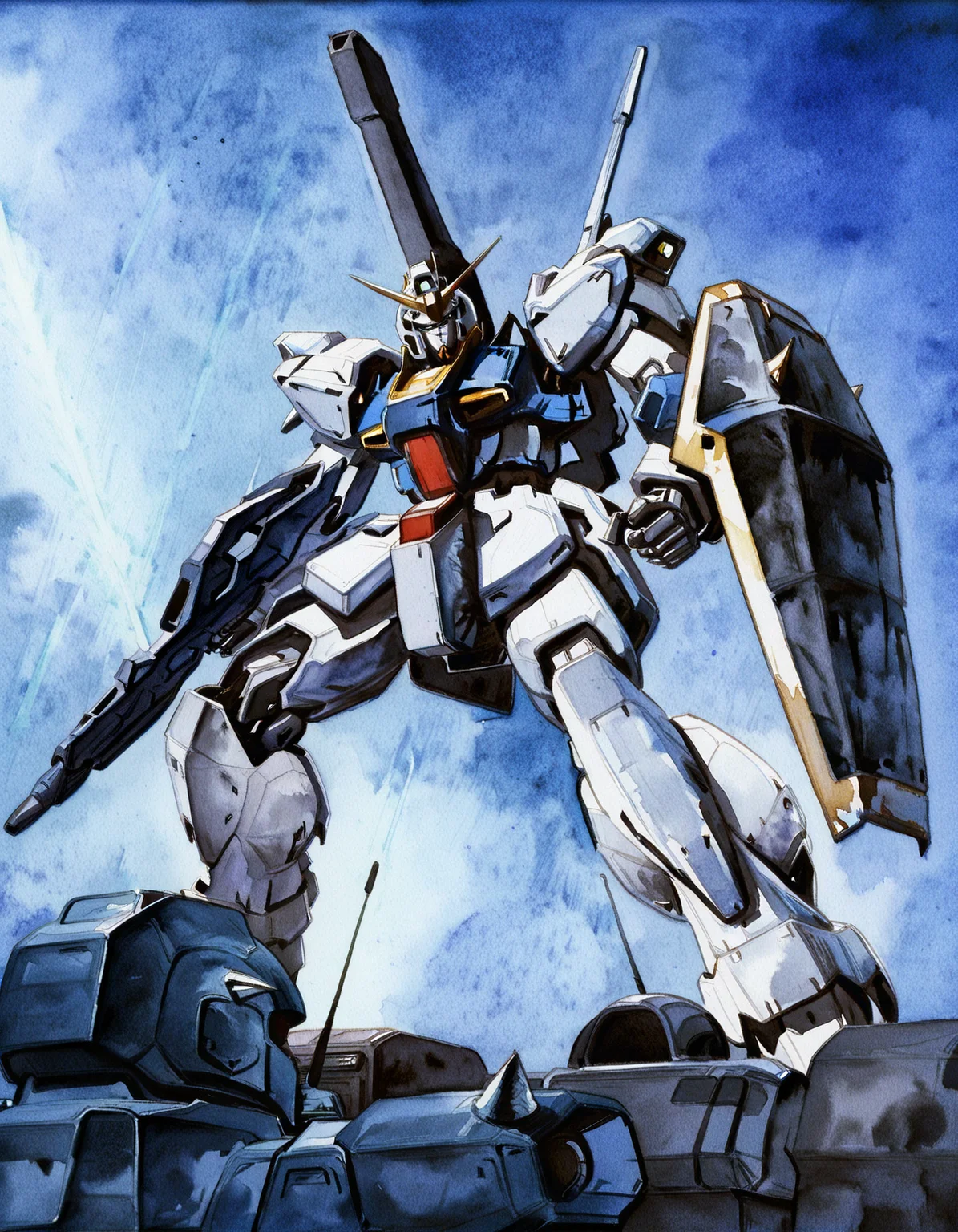 ink \(medium\), watercolor \(medium\), masterpiece, highly detailed, robot,highres,gundam,beam rifle,zeta gundam,mobile suit,mecha focus,shield,shoulder spikes,weapon,spikes,titans \(gundam\),no humans,energy gun,mecha,science fiction,takahashi masaki,marasai,zeta gundam define,radio antenna
<lora:Kitazume Hiroyuki 1980 1990 Lycoris Illustrious 0.1-step00000650:0.9>