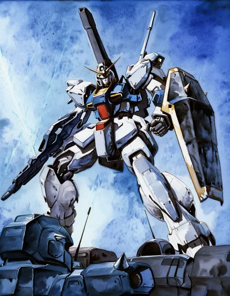 ink \(medium\),  watercolor \(medium\), masterpiece, highly detailed, robot,highres,gundam,beam rifle,zeta gundam,mobile suit,mecha focus,shield,shoulder spikes,weapon,spikes,titans \(gundam\),no humans,energy gun,mecha,science fiction,takahashi masaki,marasai,zeta gundam define,radio antenna
<lora:Kitazume Hiroyuki 1980 1990 Lycoris Illustrious 0.1-step00000650:0.9>