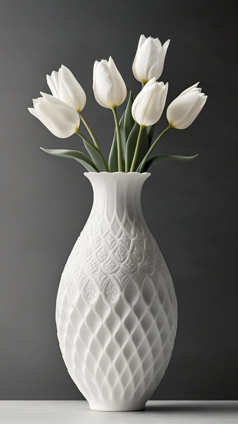 <lora:3DPrintingXL:1>,whitemold,3d printed mold,art style,greyscale,monochrome, 1tulip-shaped vase, solo, delicate curves, smooth porcelain finish, intricate floral pattern, soft edges, light reflecting off the surface, minimalist design