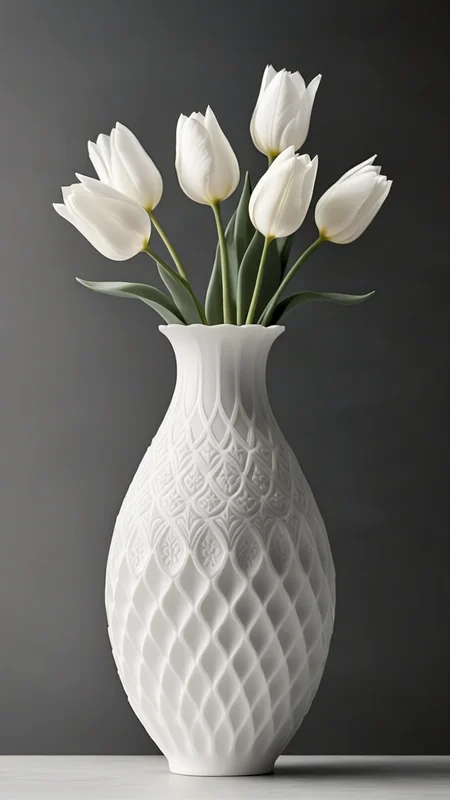 <lora:3DPrintingXL:1>,whitemold,3d printed mold,art style,greyscale,monochrome, 1tulip-shaped vase, solo, delicate curves, smooth porcelain finish, intricate floral pattern, soft edges, light reflecting off the surface, minimalist design