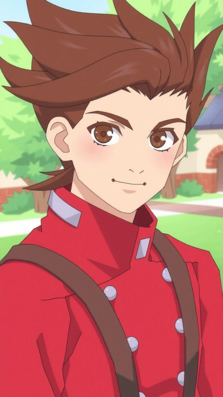 lloyd, smile, looking at viewer, upper body, outside, portrait, 2D, red clothing, 
