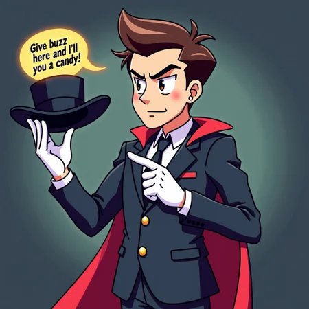 magician guy in a suit, (holding magician's hat:1.4), (pointing finger to hat:1.5), bold text "give me buzz here and I'll give you a candy!", (serious yet playful expression:1.3), (anime style:1.3), dark suit, white gloves, (mysterious aura:1.2), confident stance, cartoonish elements, vibrant colors, (spotlight on hat:1.4), minimalistic background, centered composition, soft lighting